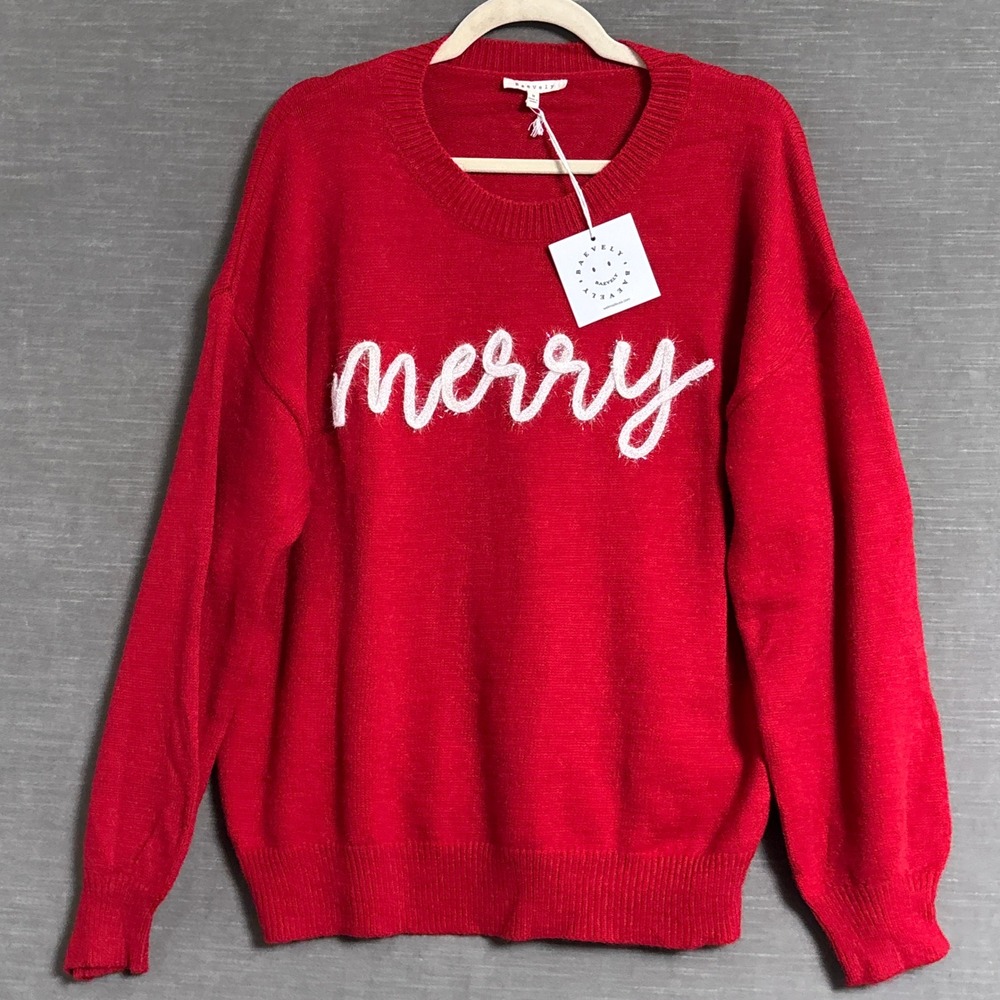 NEW Baevely Sweater M Red Merry Novelty Holiday Festive Christmas Crewneck